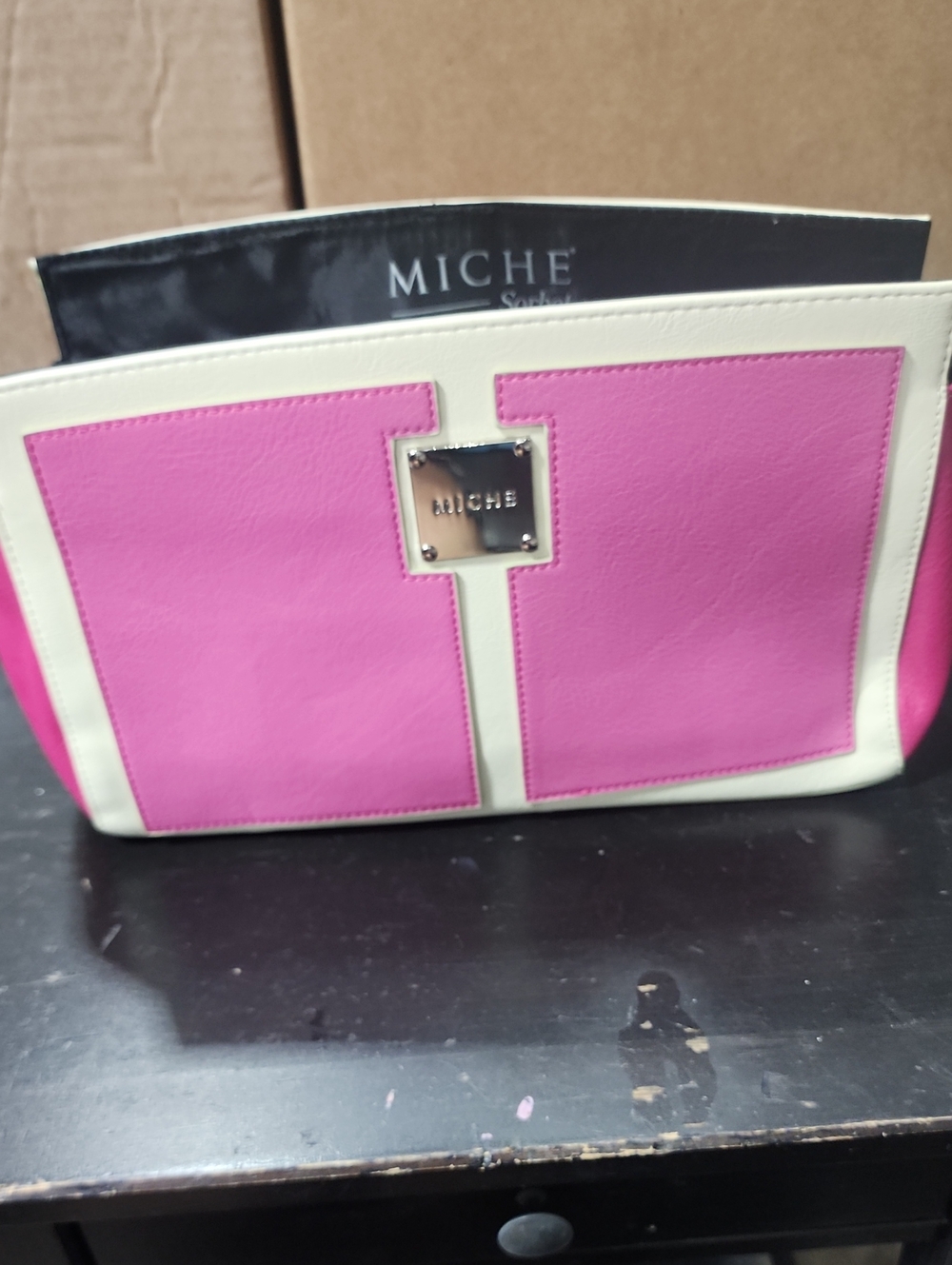 Miche Pink and Cream Cosmetic Case with Metal Logo It doesn't have the strap